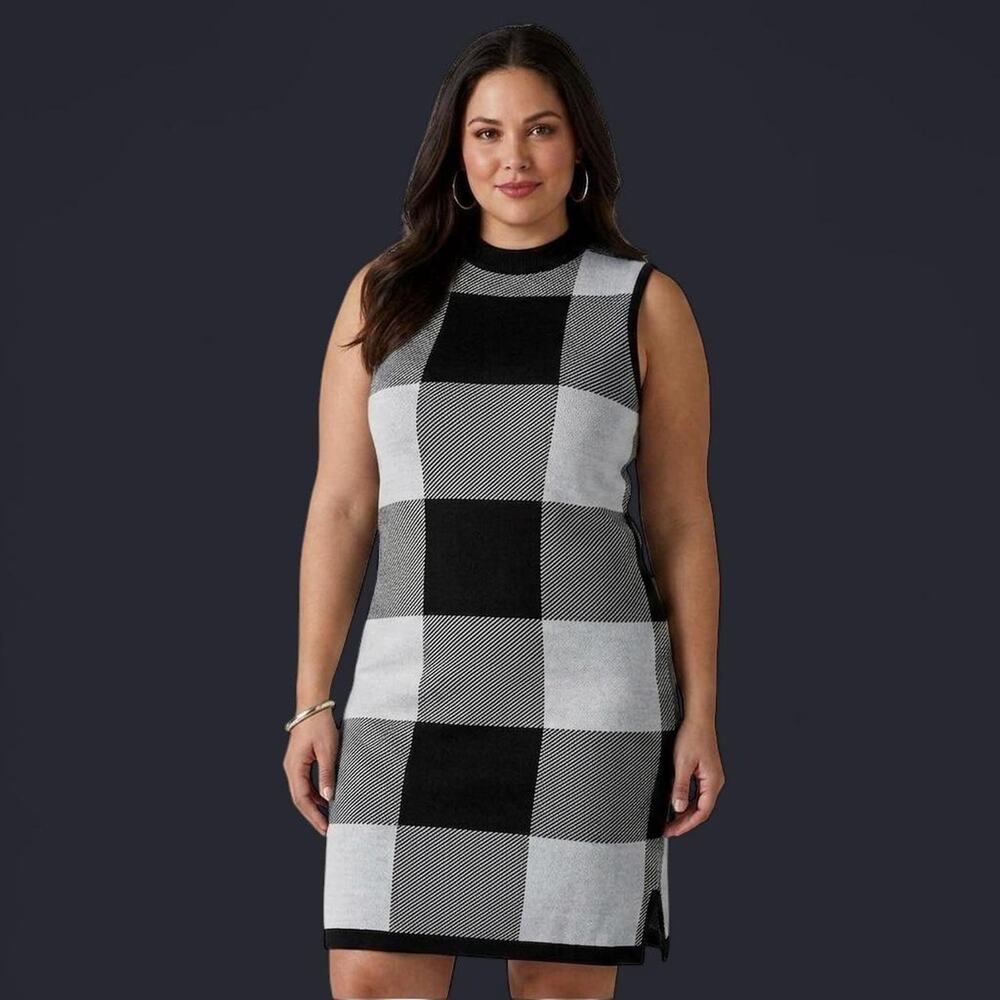 Masseys Black White Buffalo Check Sleeveless Mock Neck Sweater Dress L - Picture 1 of 7